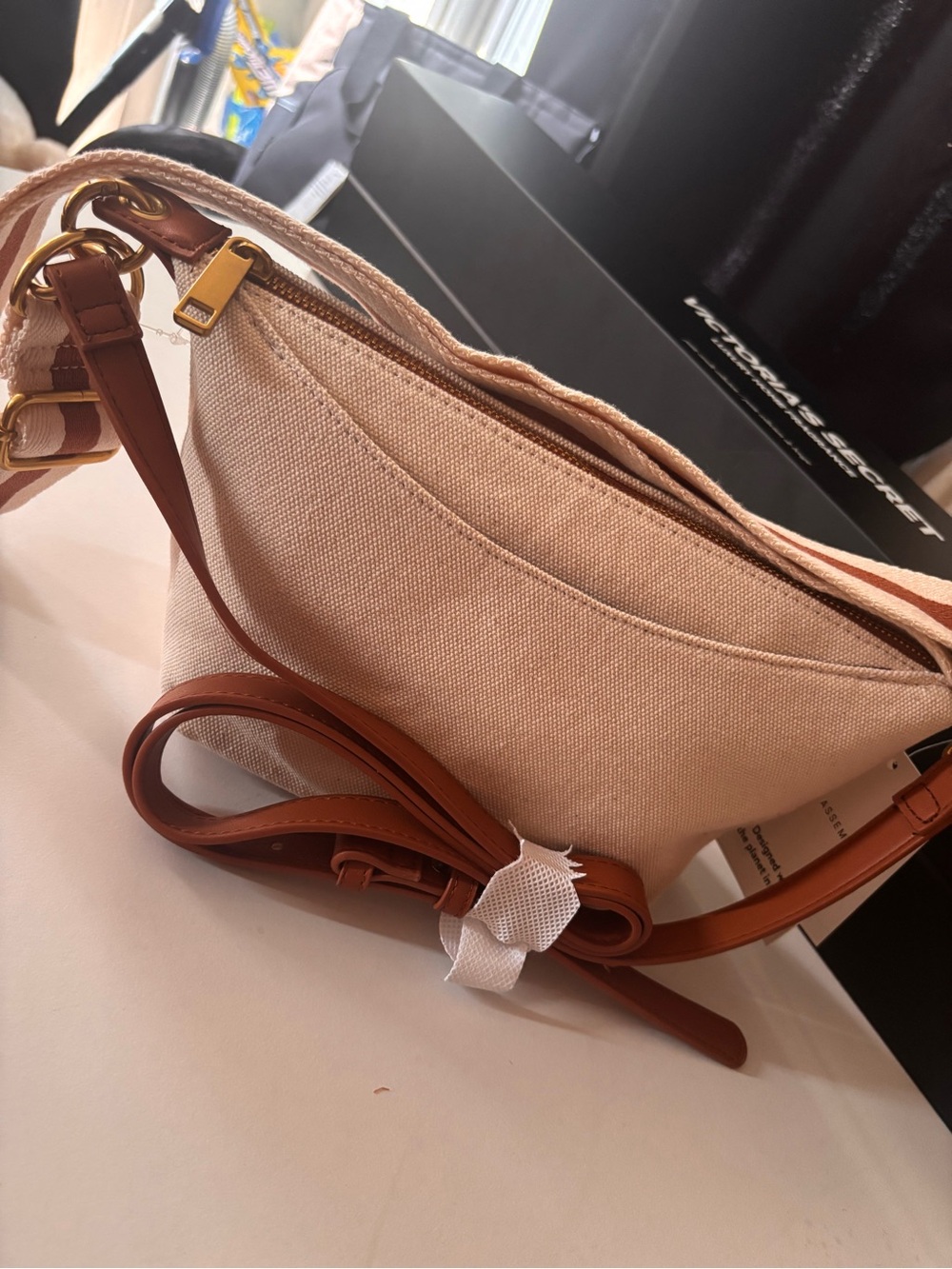 Canvas Crossbody Bag in Blush with Brown Leather Trim